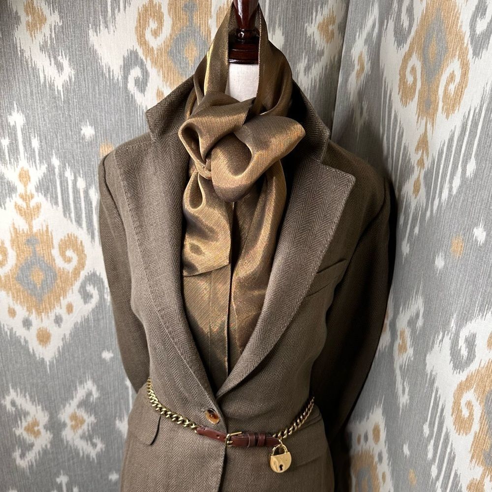 Ralph Lauren Black Label Metallic Bronze Sleeveless Tie Neck Blouse